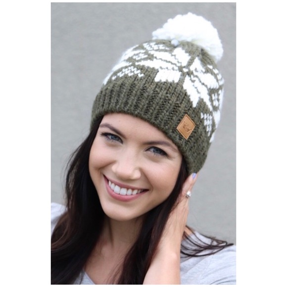 Accessories - Olive Snowflake Knit Fleece Lined Pompom Beanie